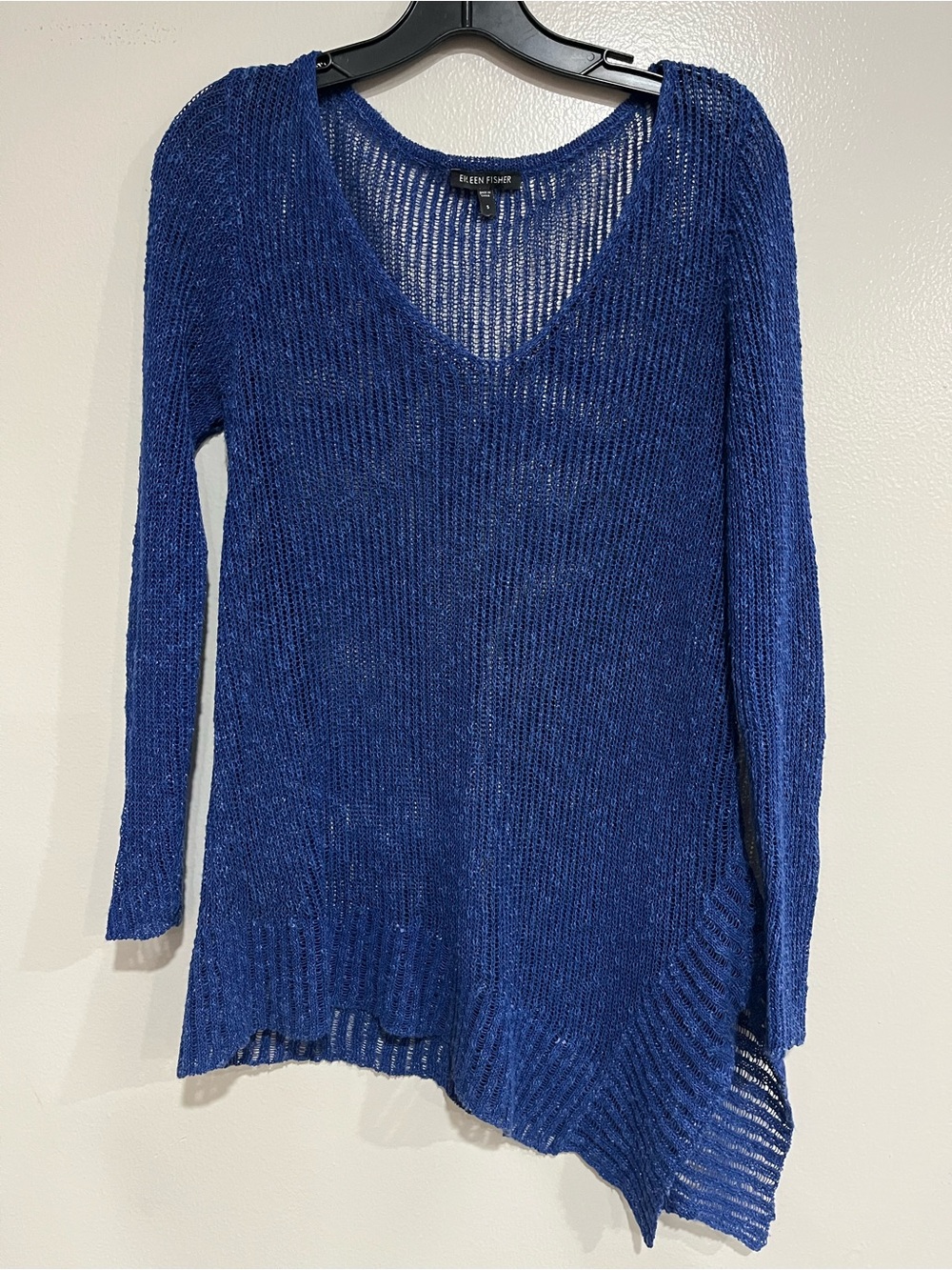Eileen Fisher Airy Linen Grain Blue Rib Asymmetric V-Neck Pullover Sweater Sz S